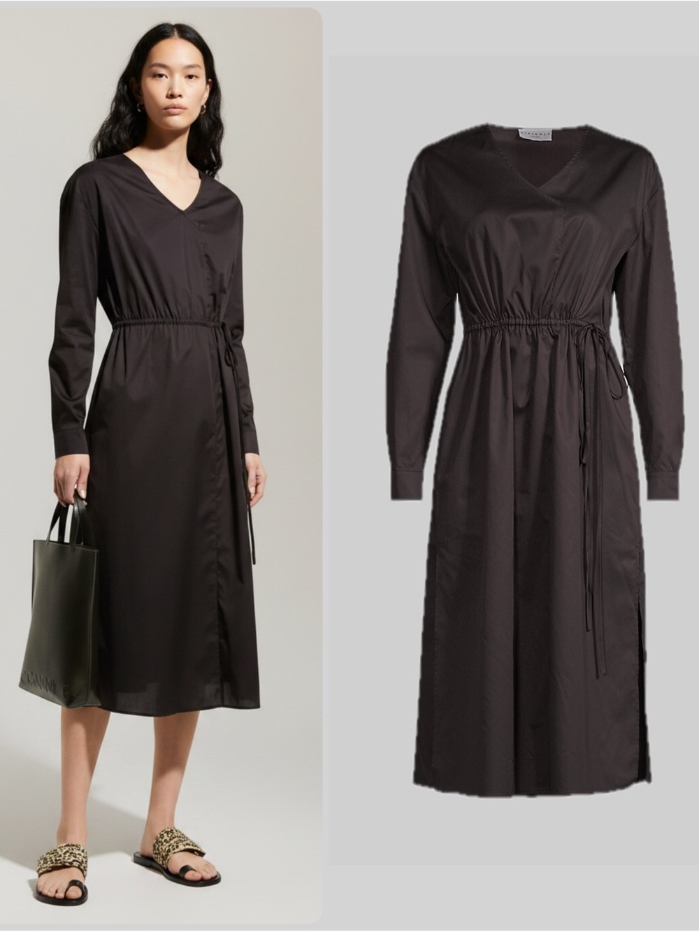 HARSHMAN Belinda Cotton V-Neck Black Drawstring-Waist Midi Dress NWT $235